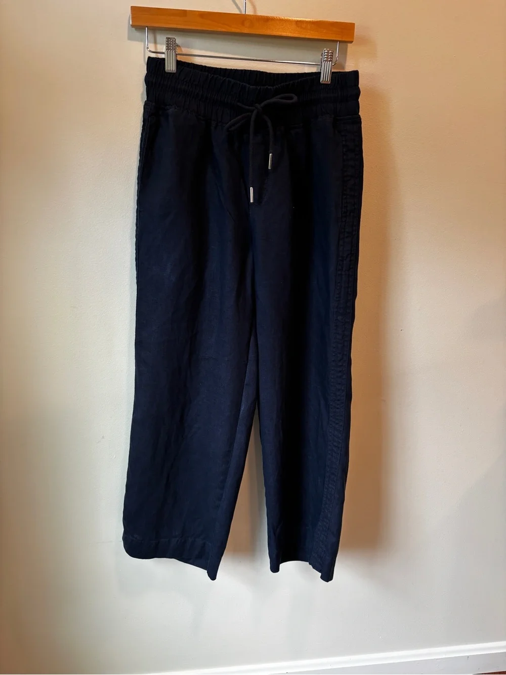 Quince Navy Wide-Leg Drawstring Linen-Blend Pants